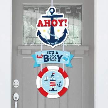 Big Dot of Happiness Ahoy It's a Boy - Hanging Porch Nautical Baby Shower Outdoor Decorations - Front Door Decor - 3 Piece Sign