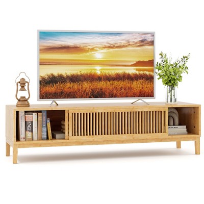 Tangkula TV Stand for TVs up to 65 Inches w/ Sliding Slatted Doors 5 Cable Holes Natural