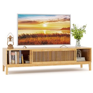 Tangkula TV Stand for TVs up to 65 Inches w/ Sliding Slatted Doors 5 Cable Holes Natural - 1 of 4