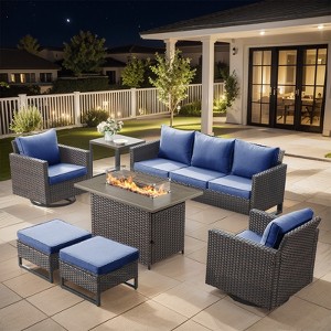 Buenhomino 7PCS Outdoor Patio Furniture Set,PE Wicker Patio Conversation Sets with 41" 50000BTU Fire Pit Table,Swivel Rocking Chairs Set - 1 of 4