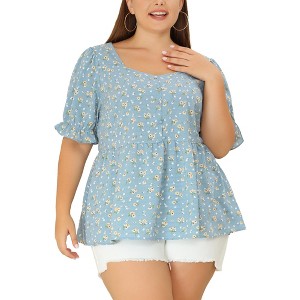 Agnes Orinda Women's Plus Size Floral Babydoll Peplum Waist Short Sleeve Blouses - 1 of 4