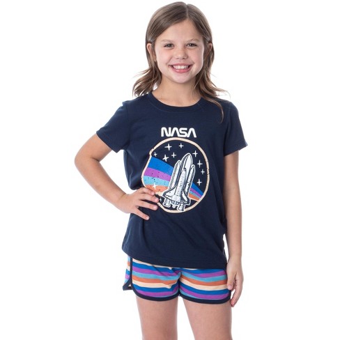 NASA Girls Retro Stripes Rocket Sleep Pajama Set Shorts Crewneck 4 5 Multicoloured