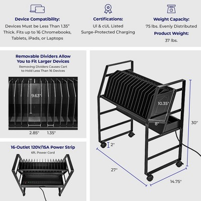 Black Mobile Charging Cart with 16 Device Slots