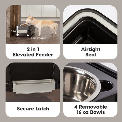 6" Elevated Black Stainless Steel Pet Feeder with Storage