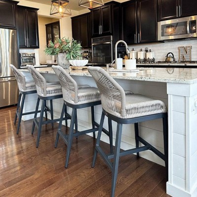 PURPLE LEAF Outdoor Counter Stools and Chairs (Set of 4) Rattan Barstools with Backrest and Footrest for Garden Pool, Includes Cushions