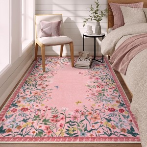 Lahome Short Velvet Geometric Floral Floor Mat-Natural Bio-Printed Soft Rug for Living Room, Bedroom, or Entryway - 1 of 4