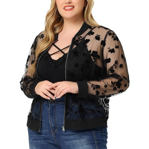 Agnes Orinda Women's Plus Size Bomber Mesh Sheer Floral Lace Long Sleeve  Jackets Black 2X
