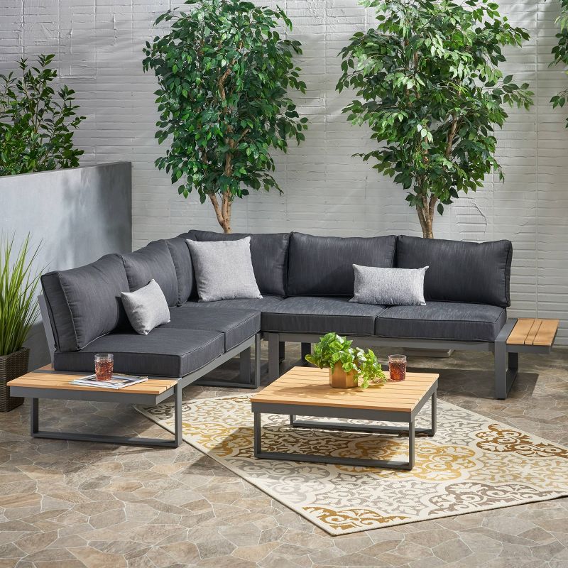 Sterling 4pc Outdoor Aluminum V Shaped 5 Seater Sofa with Cushions - Dark Gray/Natural - Christopher Knight Home, 3 of 18