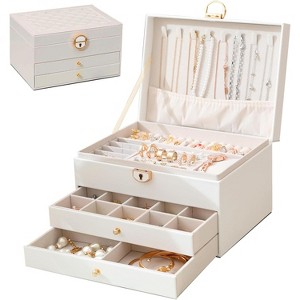 Jewelry Box with Lock and Key, 2 Drawers & 3 Tiers, PU Leather with Velvet Lining for Necklaces & Watches, White - 1 of 4
