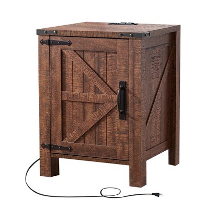 OKD Nightstand with Charging Station, Farmhouse End Table w/Barn Door
