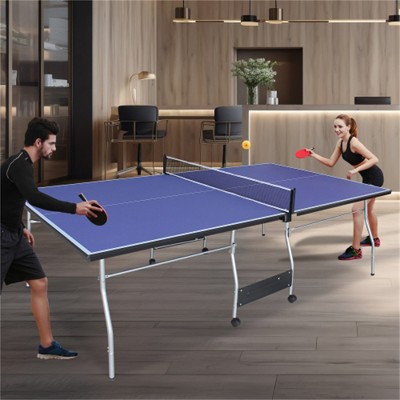 YONWAY 8ft Mid-Size Table Tennis Table Foldable & Portable Ping Pong Table Set for Indoor Games with Net, 2 Table Tennis Paddles and 3 Balls