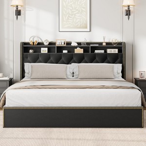 Velvet Bed Frame with 4 Drawers & Tufted Headboard, Nailhead Trim, Wood Slats, No Box Spring, Black - 1 of 4