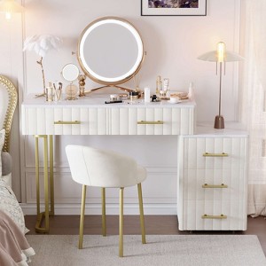 ORRD Velvet Upholstered Vanity Set w/Chair, 5 Drawers & Marble-Look Top, Adjustable Storage - Beige - 1 of 4