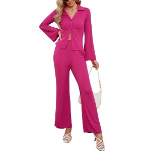 Clearlove Women's Two Piece Outfit Button Down Shirt Wide Leg Pants Set Long Sleeve Lounge Suit - 1 of 4