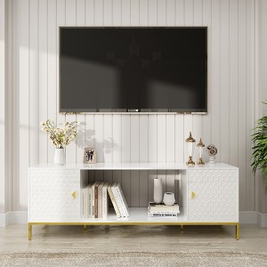 70" Wood Heavy Duty TV Stand with Cabinet Storage, Open Shelves, Modern Design, and Metal Legs for Living Room - 1 of 4