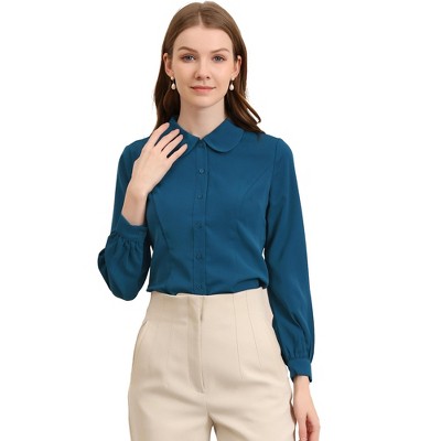 Allegra K Women's Work Peter Pan Collar Long Bishop Sleeve Button Down Shirt