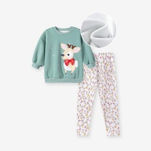 MyKids-Usa Spring and Autumn Girls Animals Cartoon Pattern Long Sleeves Sweatshirt and Floral Pants Christmas Clothing Set - 1 of 4