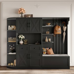79" Farmhouse Modular Hall Tree with Storage Bench & Cabinets, L-Shaped Entryway Mudroom Organizer with 4 Hooks-3irtyhousy - 1 of 4