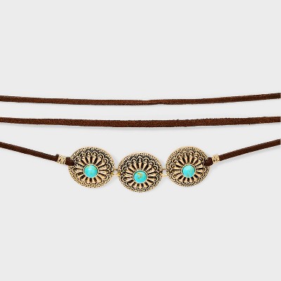 Adjustable Faux Leather Western Choker Necklace - Wild Fable™ Gold/Blue: Slide Closure, 80% Recycled Zinc