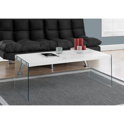 Coffee Table, Accent, Cocktail, Rectangular, Living Room, 44inl, Glossy White Laminate, Clear Tempered Glass, Contemporary, Modern