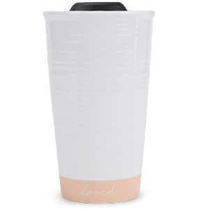 Lighthouse Christian Products Loved Textured Dipped 12 ounce Ceramic Stoneware Travel Tumbler Mug, Blush Pink - 1 of 4