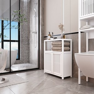 NixBex Multifunctional Floor Bathroom Cabinet,Bamboo Storage Cabinet with Louvered Door&Open Shleves for Bedroom,Living Room&Kitchen - 1 of 4