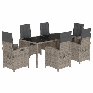 vidaXL 7 Piece Patio Dining Set with Cushions – Gray Poly Rattan Outdoor Reclining Chairs & Table – Adjustable, Glass Top, Easy Clean - 1 of 4