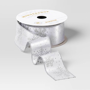 30' Christmas Fabric Ribbon White Satin Silver Snowflakes - Wondershop™ - 1 of 3