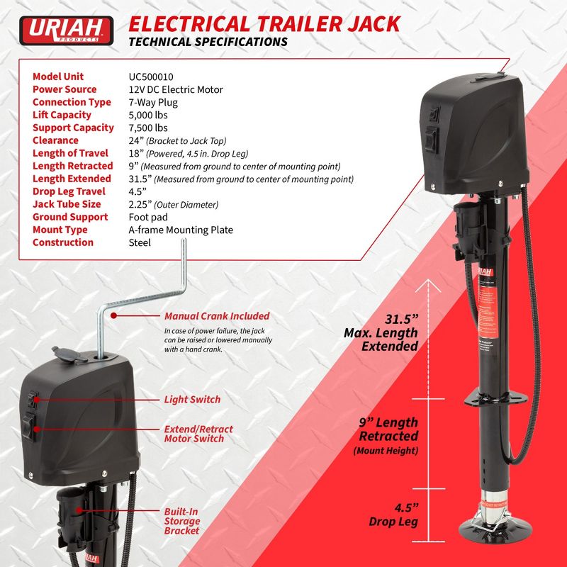 Uriah Products Electric 12V 7 Way Connector Lift Capacity Trailer Jack, 4 of 7