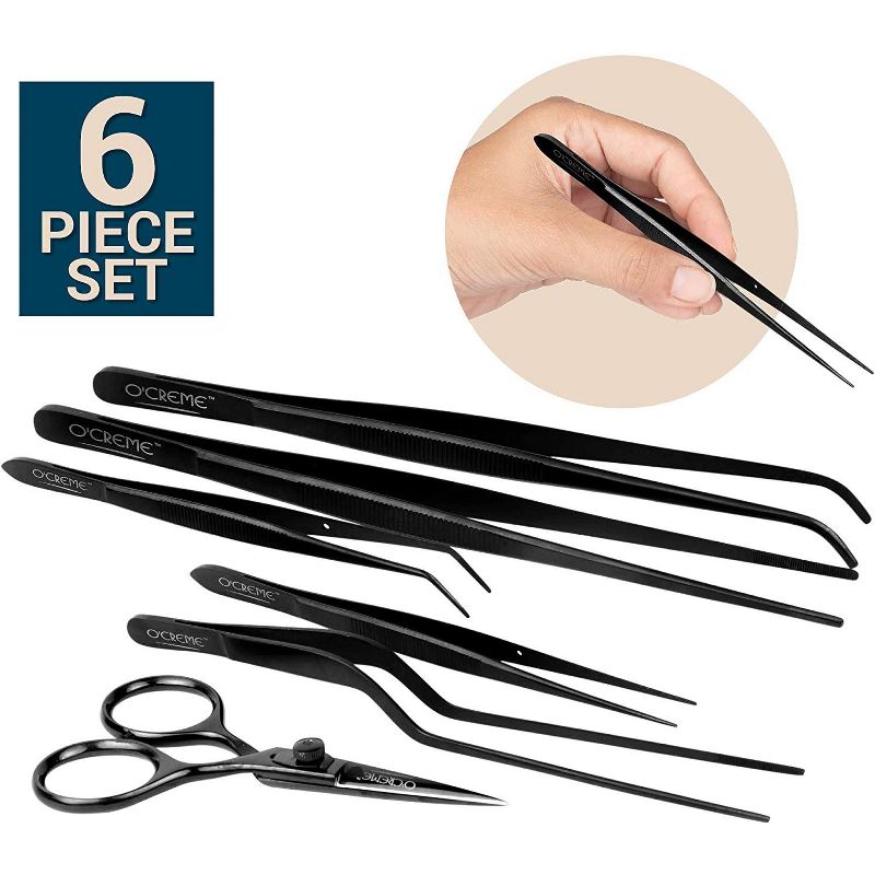 O'Creme Set of Culinary Tweezer Tongs Offset, Straight and Curved, Plus Super Sharp Chef Scissors, Total 6 Pieces (Black), 2 of 4