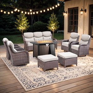 Buenhomino 8 Pieces Patio Furniture Sets with Fire Pit Table, Wicker Outdoor Conversation Sets with 4 Swivel Rocker Chairs, 3-seat Sofa and Ottomans - 1 of 4