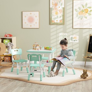 Lirago Kids Wood Table and 4 Chairs Set with Easy Wipe Tabletop Adjustable Height Children Activity Table Toddler Furniture Set with Storage Green - 1 of 4