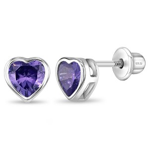 Girl's Bezel CZ Heart Screw Back Sterling Silver Earrings - In Season Jewelry - 1 of 4