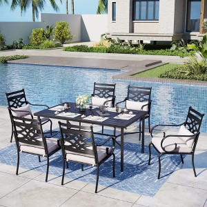 Captiva Designs 7pc Patio Dining Geometric Pattern Rectangle Table & Metal Chairs with Cushions and Pillows - 1 of 4