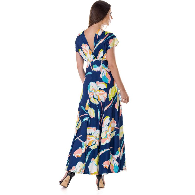 24seven Comfort Apparel Womens Navy Floral Print V Neck Empire Waist Cap Sleeve Maxi Dress, 3 of 7