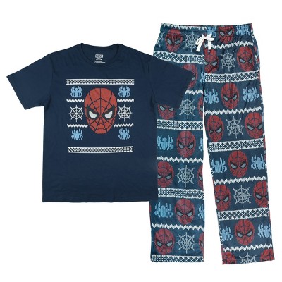 Marvel Spiderman Pajamas Men's Two Piece Sweater Print Adult Lounge Sleep Set (Large) Multicolored