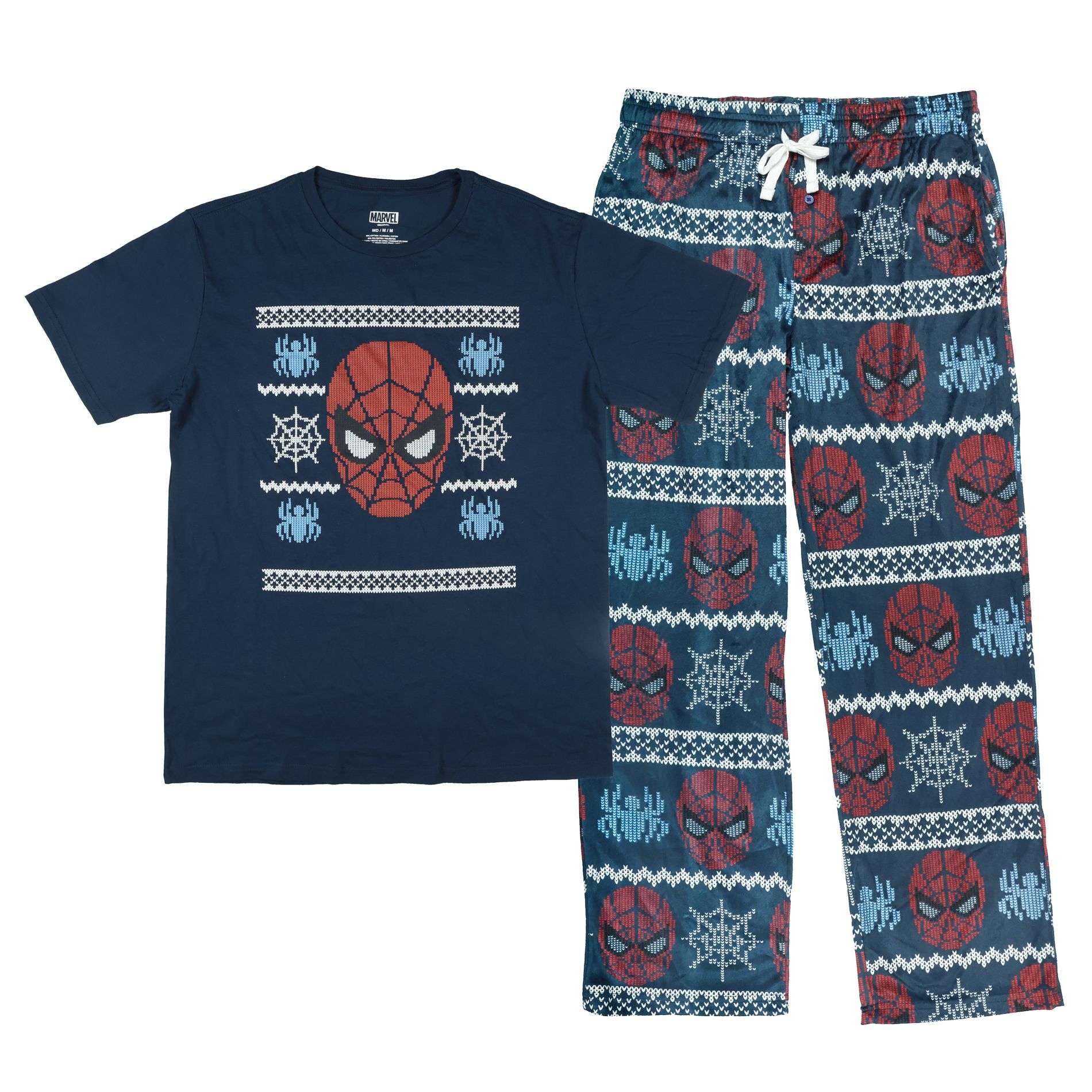 Marvel Spiderman Pajamas Men's Two Piece Sweater Print Adult Lounge Sleep Set (Large) Multicolored
