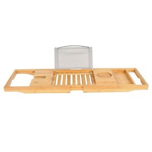 iMountek "Luxury Bamboo Bathtub Caddy Tray: Extendable Spa Tray with Wine Glass Holder & Device Stand!" White Oak - 1 of 4