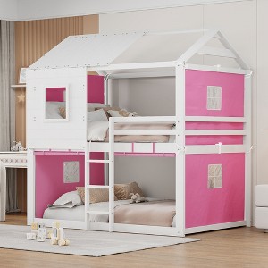 Twin/Full Size Bunk Wood House Bed with Tent, Fun Playhouse Design for Kids - ModernLuxe - 1 of 4