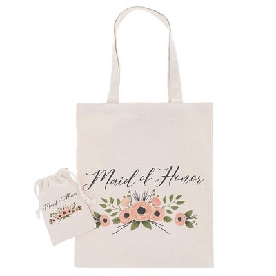 Juvale Bridal Party Maid of Honor Set - 1 Canvas Tote Gift Bag (12x14 in) & 1 Drawstring Pouch (4x6 in)