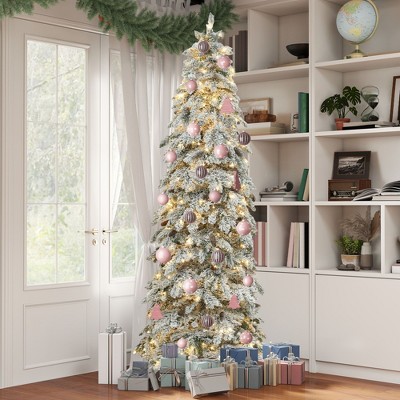 7.5ft/9ft/11ft Prelit Flocked Pencil Spruce Artificial Christmas Tree with Pine Cone