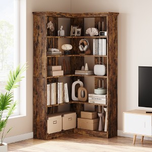 72.8in Tall 5 Tier Corner Bookshelf Farmhouse Bookcase Large Bookshelf Wood Bookcase Corner Shelf L Shaped Bookshelfs Storage Display Rack - 1 of 4