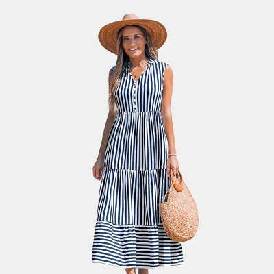 Women's Striped Tiered Ruffled Maxi Dress - Cupshe