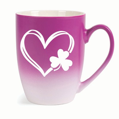 Elanze Designs Heart Outline With Three Leaf Clover Two Toned Ombre Matte 10 ounce New Bone China Coffee Tea Cup Mug, Pink and White