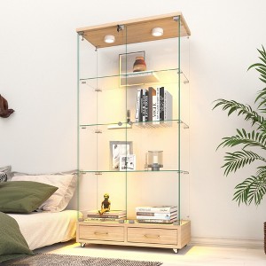 Modern Glass Display Cabinet with 2 Large Drawers, Bookshelf Storage Cabinet Accent Cabinet with LED lights - ModernLuxe - 1 of 4