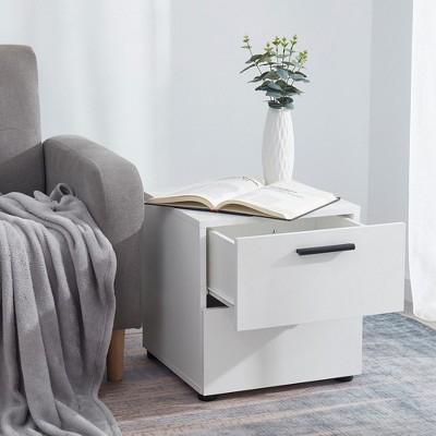 White Chipboard 2-Drawer Nightstand with Black Handles