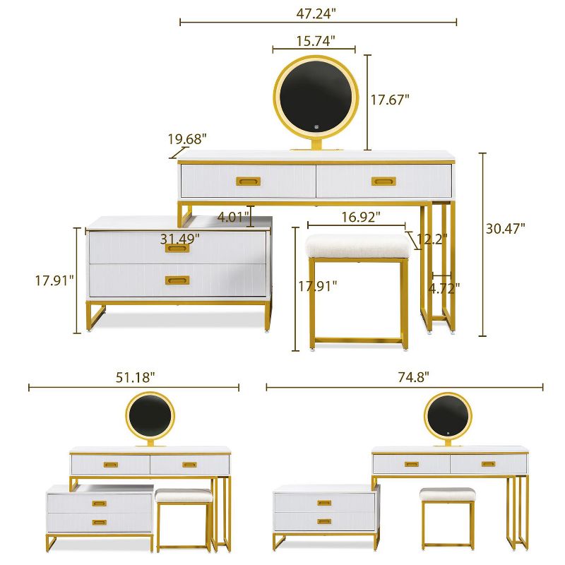 Modern Style Vanity Table With Movable Side Cabinet And 4-Drawers,Large Size Dressing Table With Mirror and 3-colors LED Light,Makeup Table With Stool, 3 of 9