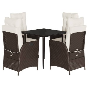 vidaXL 5 Piece Patio Dining Set with Cushions Brown Poly Rattan - 31.5" Table Length Sharp Leg 4 Items - 1 of 4