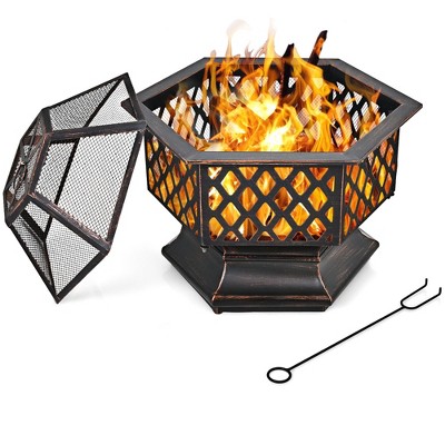 Costway 26''Outdoor Hex-shaped Fire Pit Wood Burning Bowl W/ Screen Cover and Poker