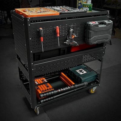 YONWAY 3-Tier Utility Storage Tool Cart, Foldable Rolling Tool Cart with Wheels For Garage Organizer and Tool Storage (330 LBS Load-Bearing)